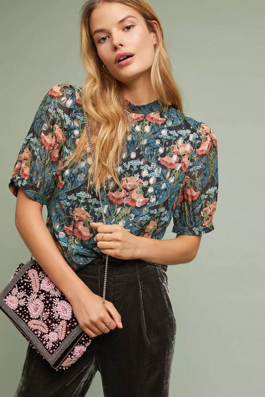 Anthropologie Meadow Rue Basilique Embroidery Mock Neck Metallic Threading Top